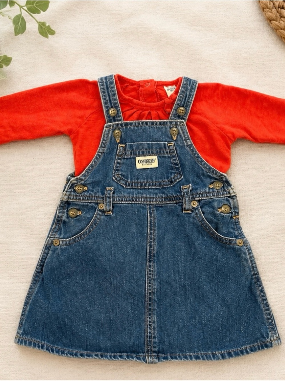 OshKosh B’gosh Denim Jumper Dress & Red Long Sleeve Top Set 18 Months